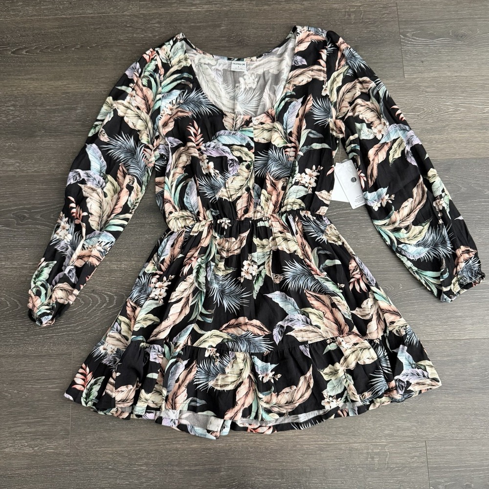 Hurley Wispy Leaves Flowy Mini Dress Womens Size Large Bohemian Whimsigoth NWT‎